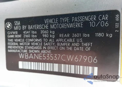 2007 BMW 525I from USA, damaged, VIN WBANE53537CW67906